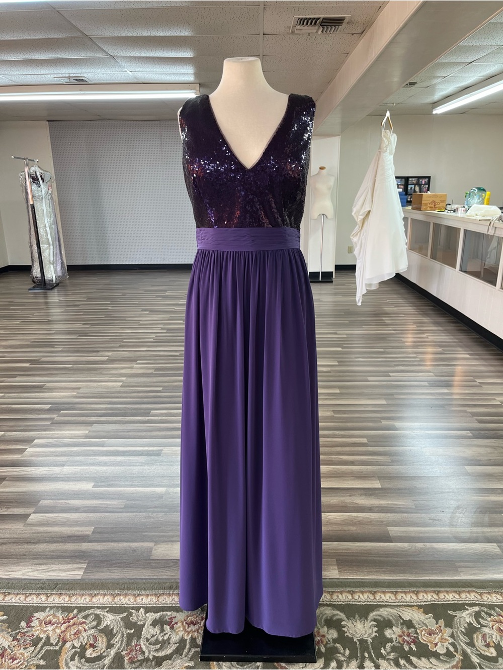 V-Neck Sequined Purple Maxi Dress with Pleated Waist